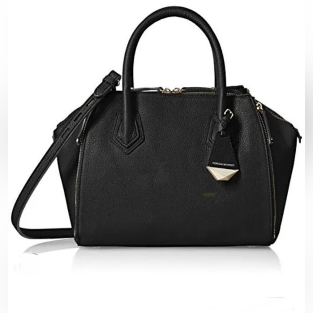 Rebecca Minkoff Mini Perry Leather Satchel Shoulder Bag Tote FOB Logo Zip Black